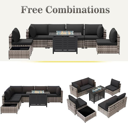 Patio Furniture Set 7 Pieces Conversation Set Wicker Outdoor Sectional Sofa,Ergonomic Armrests Couch with Cushion and Glass Table (White-Black, 8 Piece-Fire Table)