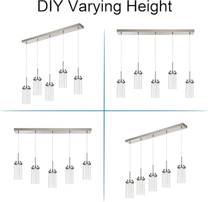 MELUCEE 5-Lights Led Chandelier, Kitchen Island Lighting Brushed Nickel Linear Chandelier with Clear Glass Shade, Large Pendant Lighting for Dining Room Over Table, 3000K-6000K Adjustable, 25W
