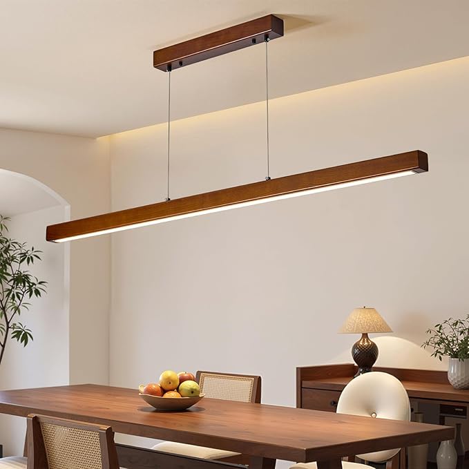 59'' Wood Linear Pendant Light,Dimmable Kitchen Island Lighting with Remote,28W LED Island Lights for Kitchen,inear Chandelier for Dinning Room Light Fixture,Pool Table Light Walnut