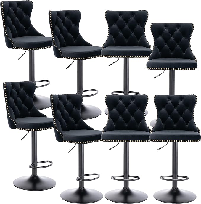 Rhomtree Velvet Swivel Bar Stools Upholstered Bar Stool with Button Tufted Back and Pull Ring Height Adjustable Barstools 25-33 Inch for Home Pub and Kitchen Island (Black with Black Bas, Set of 8)