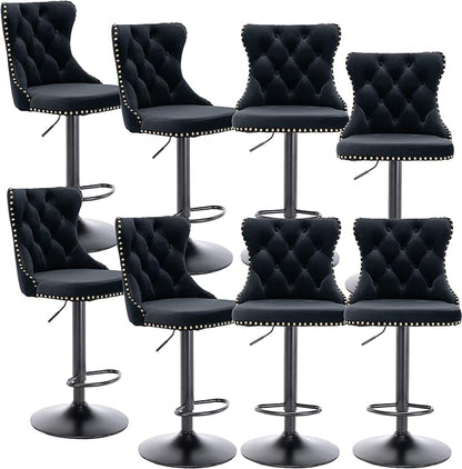 Rhomtree Velvet Swivel Bar Stools Upholstered Bar Stool with Button Tufted Back and Pull Ring Height Adjustable Barstools 25-33 Inch for Home Pub and Kitchen Island (Black with Black Bas, Set of 8)