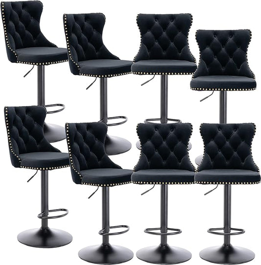 Rhomtree Velvet Swivel Bar Stools Upholstered Bar Stool with Button Tufted Back and Pull Ring Height Adjustable Barstools 25-33 Inch for Home Pub and Kitchen Island (Black with Black Bas, Set of 8)