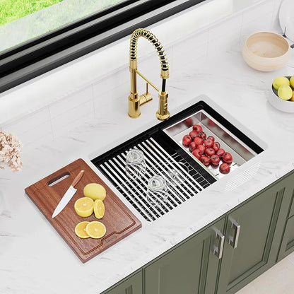 Davivy 27 Inch Black Granite Sink Workstation, 27 X 19 Granite Composite Kitchen Sink Undermount & Drop in, Deep Single Bowl with Accessories