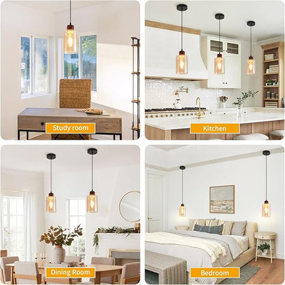 Modern Wood Pendant Lighting for Kitchen Island, Farmhouse Pendant Light Fixtures 1 Pack, Adjustable Hanging Ceiling Light with Amber Glass Shade