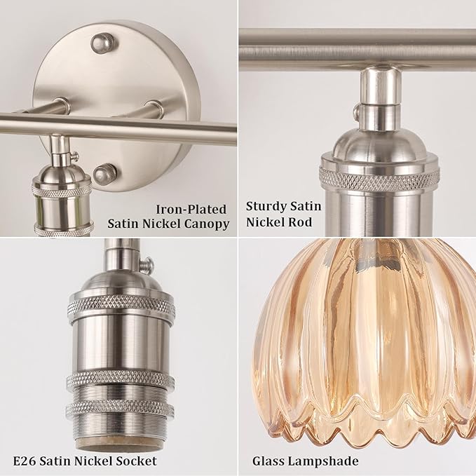 Shenmoyl Bathroom Light Fixtures, 3-Light Vanity wall Light Over Mirror with Amber Tulip Glass Shade for Bedroom Living Room (Bulb Not Included), Satin Nickel