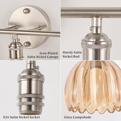 Shenmoyl Bathroom Light Fixtures, 3-Light Vanity wall Light Over Mirror with Amber Tulip Glass Shade for Bedroom Living Room (Bulb Not Included), Satin Nickel