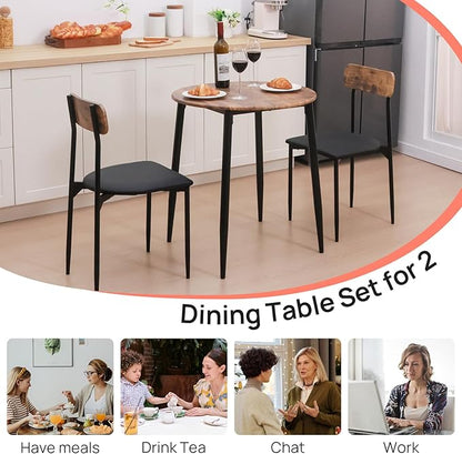 Walsport Round Dining Table Set for 2, 3-Piece Wood Tabletop Samill Kitchen Table and Chairs with Strong Metal Frame, Modern Dinette with Chairs for Small Spaces Living Room (Brown)