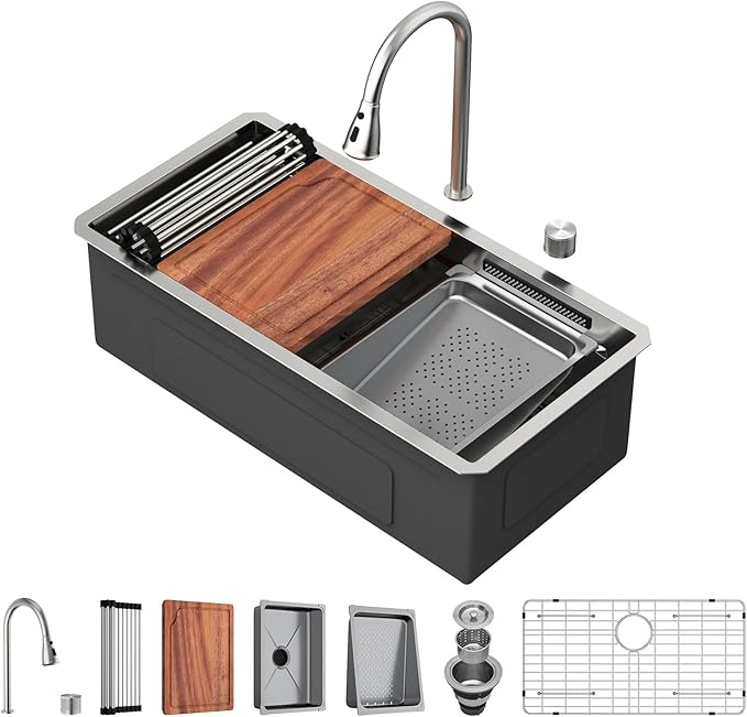 33 inch Undermount Kitchen Sink - Beslend 33x17x10 Waterfall Sink with Pull-Down Faucet 16 Gauge Stainless Steel, Double Track Workstation Kitchen Sinks with Faucet Combo, Handmade Dish Basin