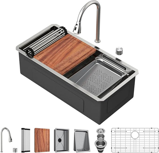 33 inch Undermount Kitchen Sink - Beslend 33x17x10 Waterfall Sink with Pull-Down Faucet 16 Gauge Stainless Steel, Double Track Workstation Kitchen Sinks with Faucet Combo, Handmade Dish Basin