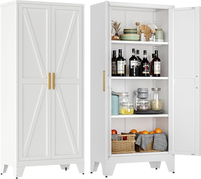 LCAOPC 61" Tall Metal Storage Cabinet with 2 Doors and 3 Adjustable Shelves, 4-Tier Kitchen Pantry Storage Cabinet for Kitchen, Living Room, Dining Room and Office, White