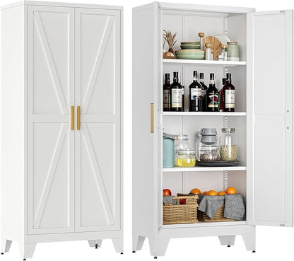 LCAOPC 61" Tall Metal Storage Cabinet with 2 Doors and 3 Adjustable Shelves, 4-Tier Kitchen Pantry Storage Cabinet for Kitchen, Living Room, Dining Room and Office, White