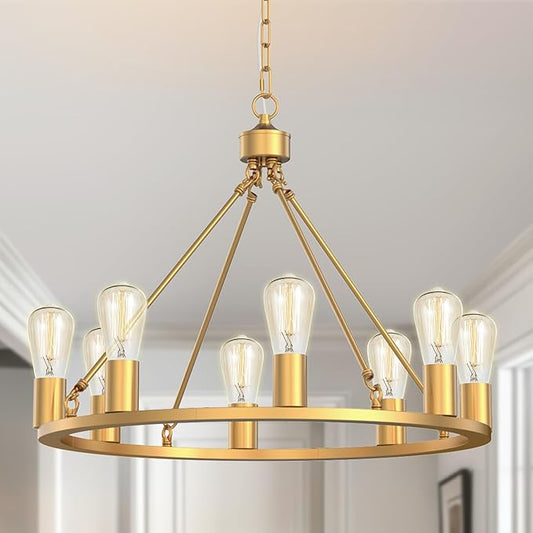 L LOHAS LED Gold Farmhouse Chandeliers for Dining Room, 8-Light Wagon Wheel Chandelier Over Table, Height Adjustable, 24" Dining Room Light Fixtures, Modern Chandelier for Kitchen Island Living Room