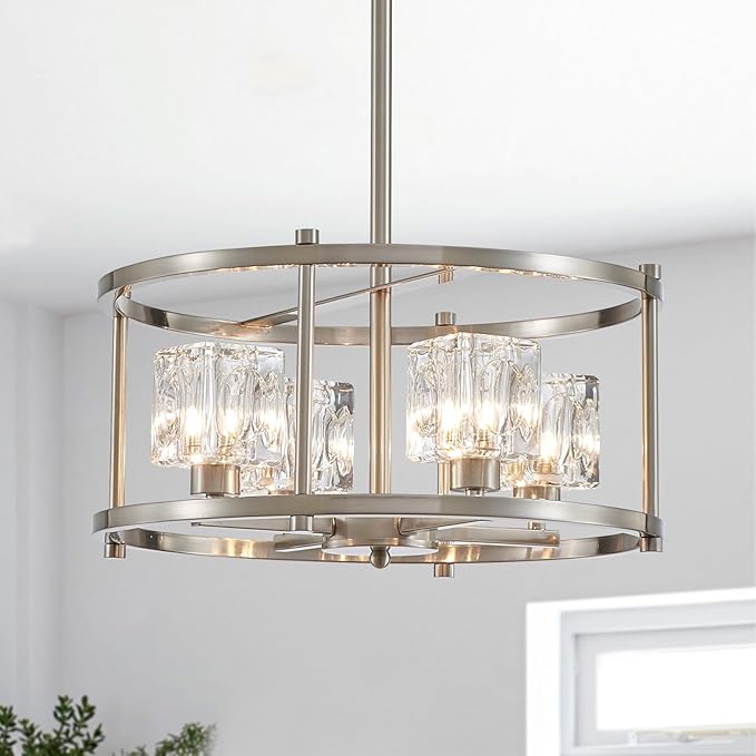 Brushed Nickel Ceiling Light Modern 4-Light Pendant Lighting Fixture 15.7" Adjustable Height Chandeliers with Glass Lampshade Rustic Round Lights for Bedroom Dining Room Kitchen Foyer