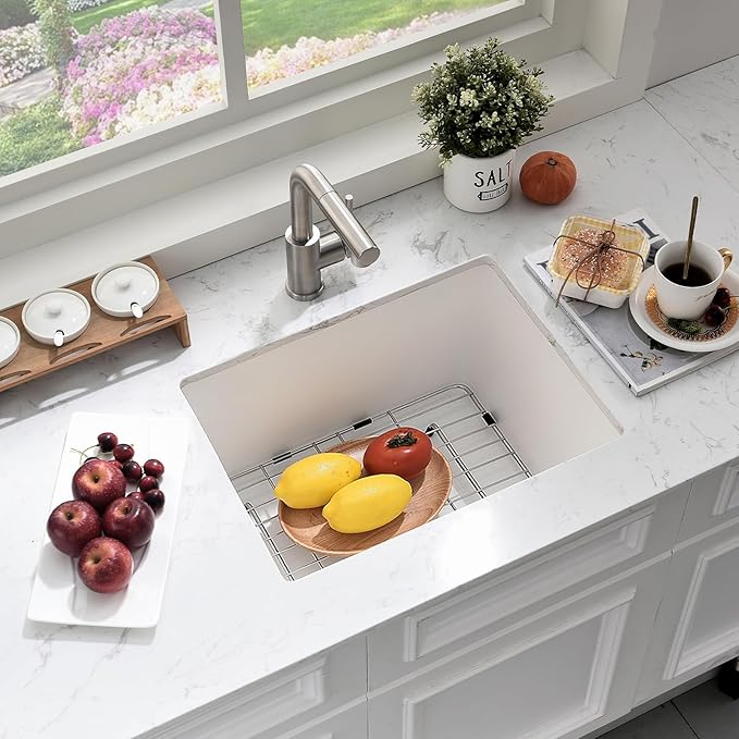 22 Inch Undermount Bar Sink White-Bokaiya 22x17 Small Kitchen Sink White Quartz Wet Bar Sink with Faucet Outdoor RV Single Bowl Kitchen Sink