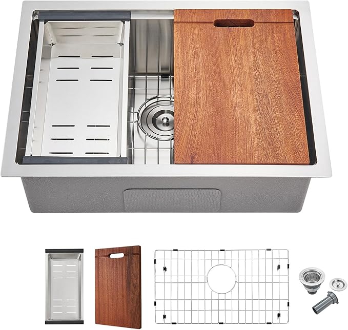 MENATT 25 Inch Undermount Workstation Kitchen Sink, 25"×18" Stainless Steel Single Bowl Undermount Handmade Kitchen Sink with Cutting Board and Colander, D25"XW18"XH9"