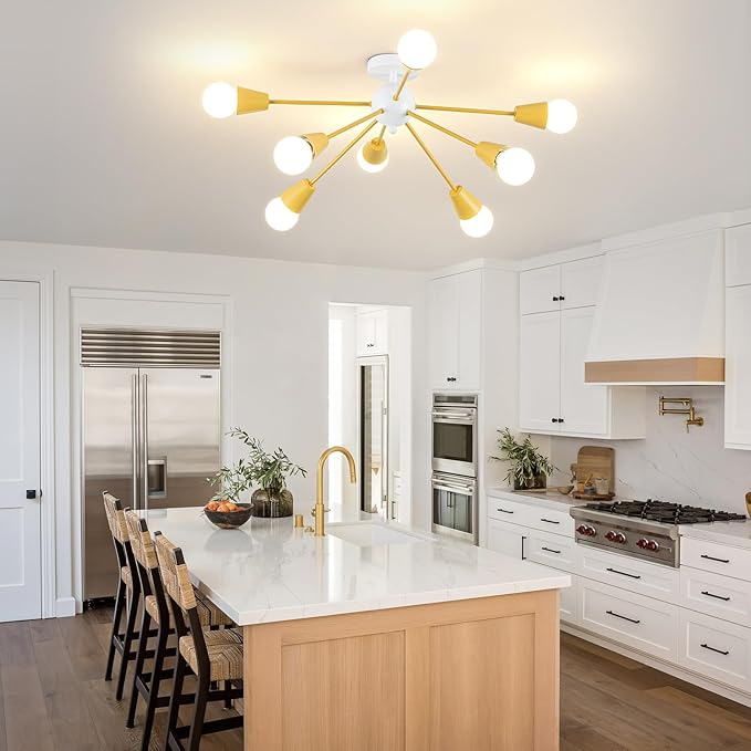 Yellow Sputnik Ceiling Light Fixture, 8-Lights Kids Ceiling Light Semi Flush Mount Ceiling Lights for Bedroom Entryway Kitchen