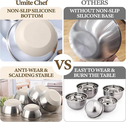 Umite Chef Mixing Bowls with Airtight Lids Set, 8PCS Stainless Steel Khaki Nesting Bowls with Grater Attachments, Kitchen Bowls with Non-Slip Bottoms, Size 5, 4, 3.5, 2, 1.5QT for Mixing & Serving