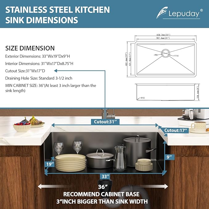33 Inch Black Undermount Kitchen Sink Single Bowl 18 Guage Stainless Steel 33"x19"x9" Deep Under Counter Kitchen Sinks Basin R10 Round Corners Handmade Sink