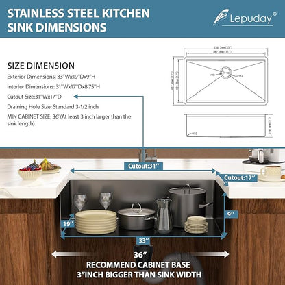 33 Inch Black Undermount Kitchen Sink Single Bowl 18 Guage Stainless Steel 33"x19"x9" Deep Under Counter Kitchen Sinks Basin R10 Round Corners Handmade Sink