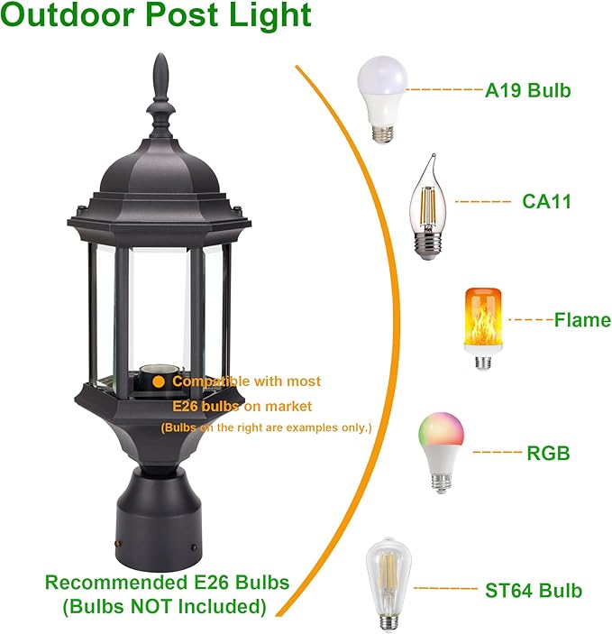 LIT-PaTH Outdoor Post Lighting Fixture Pole Lantern, E26 Medium Base Max 60W, Aluminum Housing Plus Glass, 2-Pack, Black Finish