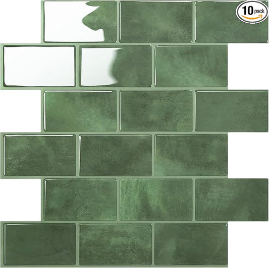 STICKGOO Peel and Stick Backsplash Subway Tiles, 10 Sheets of 12" x 12" - 3D Adhesive Peel and Stick Tile Backsplash for Kitchen, Bathroom, Wall Tile (Thicker Design, Forest Green)