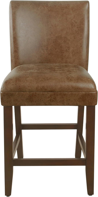 HomePop 24-Inch Counter Height Upholstered Bar Stool, Set of 1, Cognac Brown Faux Leather Seat with Back, Solid Wood Legs, Classic Kitchen Island Counter Height Stool
