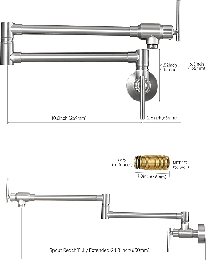 Fransiton Pot Filler, Brushed Nickel Pot Filler Faucet Wall Mount, Brass Folding Stretchable with Double Joint Swing Arm Single Hole Two Handles Kitchen