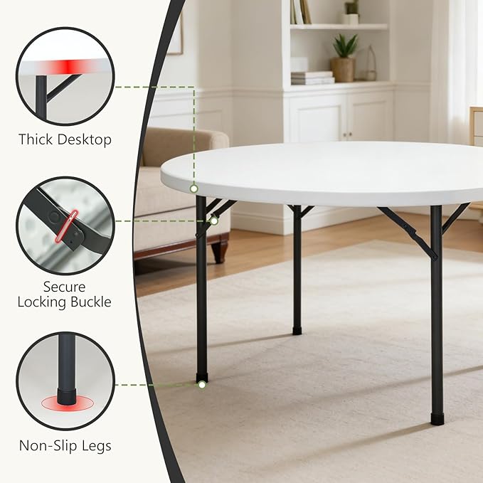 60" Folding Round Table, Plastic Dinner Table, Portable Folding Banquet Table for Living Room, Party or Outdoor Event, White