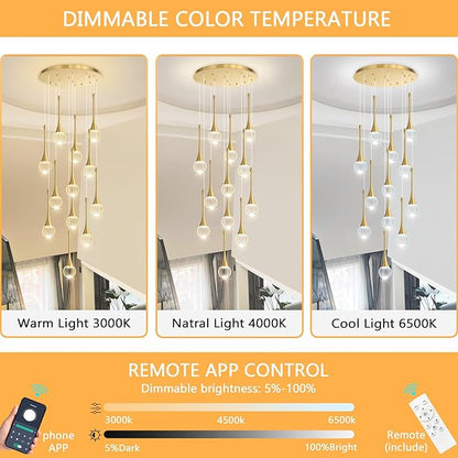 12 Light High Ceiling Crystal Chandelier Dimmable LED Pendant Lights with Remote Adjustable Chandeliers for Foyer Staircase Living Room Gold