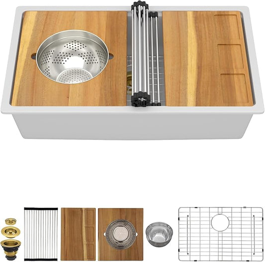 33 Inch White Granite Composite Undermount Kitchen Sink, Single Bowl Classic Quartz-Based Composite Workstation All-In One Sink with Mixing Bowl and Pasta Strainer #TLGU-122