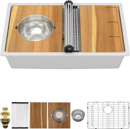 30 White Undermount Kitchen Sink-Granite Composite Single Bowl Workstation All-In One Classic Quartz Kitchen SInk with Mixing Bowl, Cutting Board and Pasta Strainer #TLGU-123