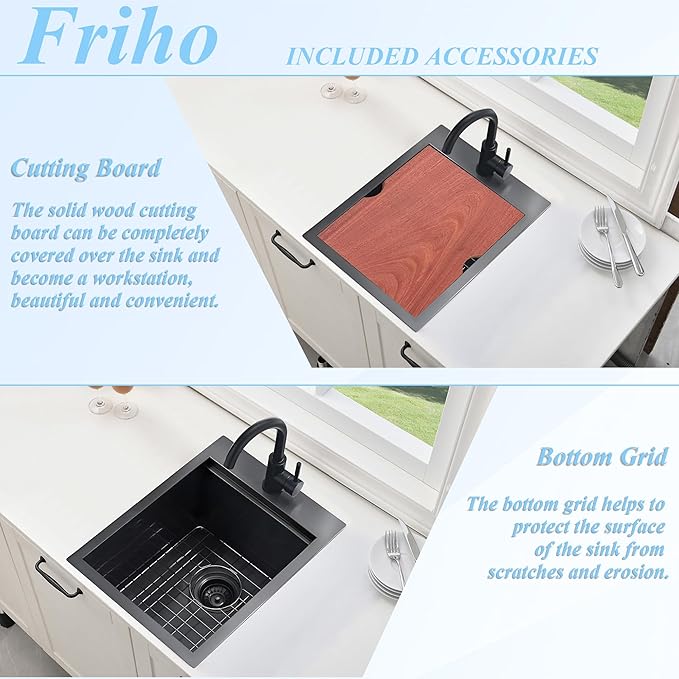 Friho Drop in Black Bar Sink, 15 x 20 Inch Stainless Steel Single Bowl Small Topmount Kitchen Sink, Handmade Bar Apply Office Wet Bar Prep RV Outdoor Yard with Cutting Board
