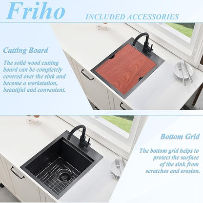 Friho Drop in Black Bar Sink, 15 x 20 Inch Stainless Steel Single Bowl Small Topmount Kitchen Sink, Handmade Bar Apply Office Wet Bar Prep RV Outdoor Yard with Cutting Board