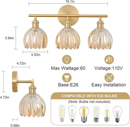 Gold Bathroom Light Fixtures Over Mirror, 3 Light Bathroom Vanity Light Fixture with Tulip Amber Glass Lampshade, Vintage Vanity Lights for Bathroom, Bathroom Vanity Lights Over Mirror