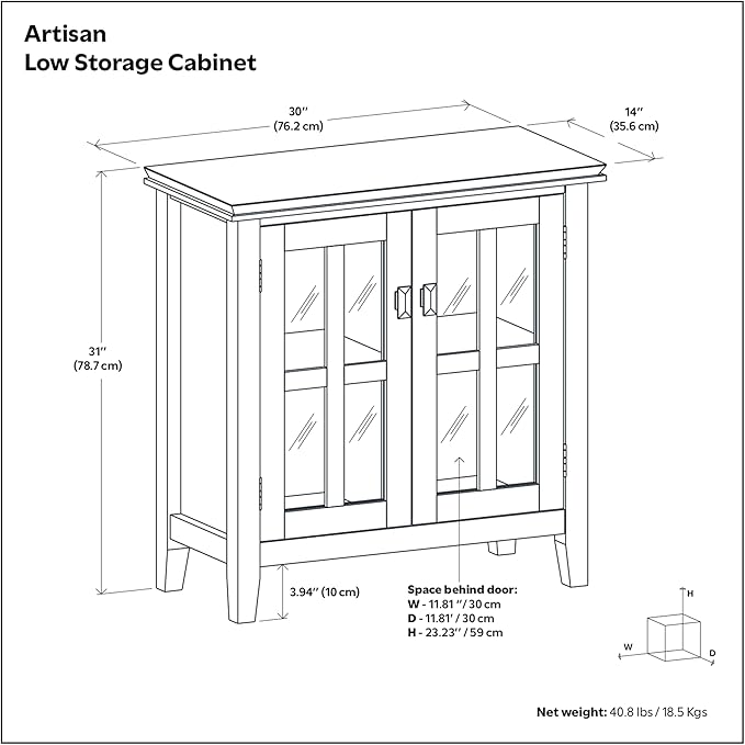 SIMPLIHOME Artisan Storage Cabinet - 30 inch Wide Solid Wood Low Storage Cabinet in White, Contemporary Accent Cabinet for Living Room or Dining Room with Glass Doors and Adjustable Shelves