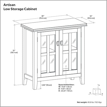 SIMPLIHOME Artisan Storage Cabinet - 30 inch Wide Solid Wood Low Storage Cabinet in White, Contemporary Accent Cabinet for Living Room or Dining Room with Glass Doors and Adjustable Shelves