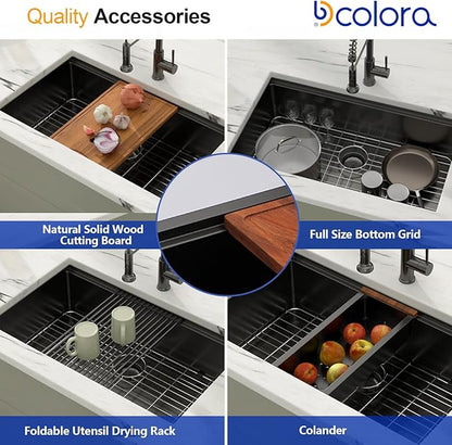 Dcolora 33" Black Undermount Kitchen Sink Workstation NANO-PVD Kitchen Sinks with Ledge Round Corner 16 Gauge Stainless Steel Single Bowl Basin, Gunmetal Black 33"x19’x10", DC-U7706