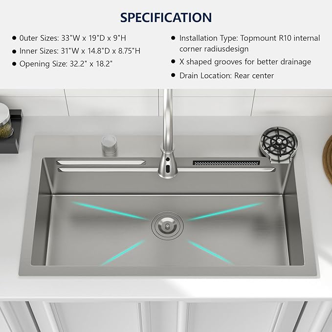Logmey 33x22 Waterfall Kitchen Sink with faucet Combo Cup Washer Workstation Luxury Sinks 33 Inch Drop In Kitchen Sink Stainless Steel 16 Gauge Single Bowl Topmount Sinks 33x22x9
