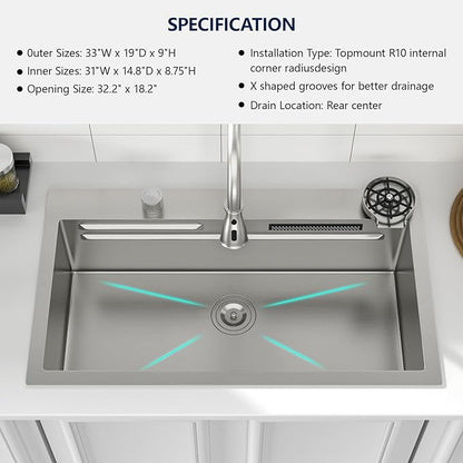 Logmey 33x22 Waterfall Kitchen Sink with faucet Combo Cup Washer Workstation Luxury Sinks 33 Inch Drop In Kitchen Sink Stainless Steel 16 Gauge Single Bowl Topmount Sinks 33x22x9