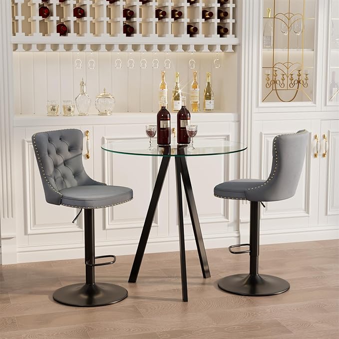 yeag 31.5'' Modern Round Glass Bar Table Set for 2, Luxury Black Bistro Pub Table & 2 Adjustable Metal Bar Stools Velvet Swivel Counter Height Stools (Black Metal Legs, Clear Top + Grey Chair)