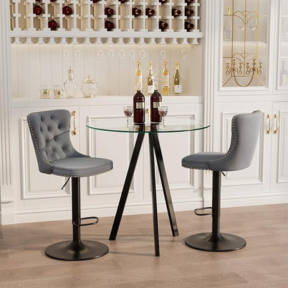 yeag 31.5'' Modern Round Glass Bar Table Set for 2, Luxury Black Bistro Pub Table & 2 Adjustable Metal Bar Stools Velvet Swivel Counter Height Stools (Black Metal Legs, Clear Top + Grey Chair)