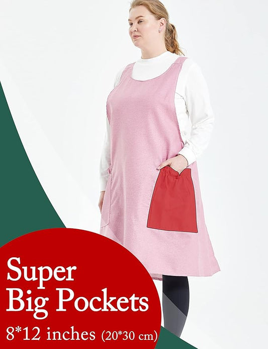 Big Plus Size Aprons for Women with Pockets Cotton Linen Baking Kitchen Cooking