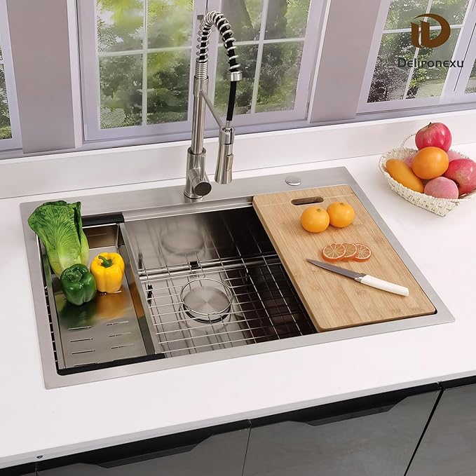 33x22 Drop In Kitchen Sink, Delironexu 33 Inch Kitchen Sink Workstation, 16 Gauge 304 Stainless Steel Top Mount Kitchen Sink Single Bowl with Accessories