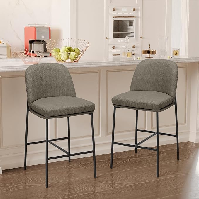 COLAMY Counter Height Bar Stools Set of 2, 25 Inch Modern Fabric Kitchen Island Stools with Back, Upholstered Counter Barstools Armless Bar Chairs with Metal Legs for Island Dining Room Bar,Brown