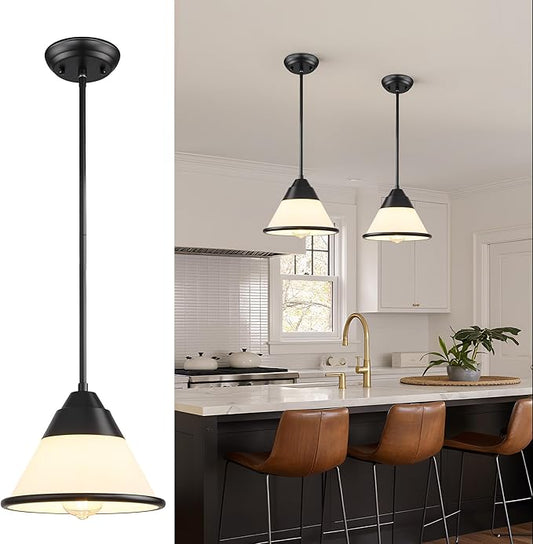 9.4-Inch Black Pendant Light, Vintage Farmhouse Schoolhouse Light Fixture with Milk Glass Shade, Adjustable Height Hanging Light for Kitchen Island, Dining Room, Hallway Entryway