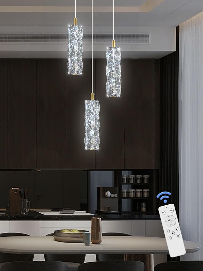 ykolupty 3-Light Gold Chandelier with Dimmable Ceiling Light Crystal Pendant Light for Kitchen Island, Dining Room, Living Room, Entry Hallway