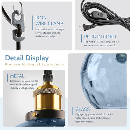 Blue Hanging Lamp Plug in 2 Pack, Hammered Glass Hanging Lights with 14.75Ft Plug in Cord, Globe Pendant Light Plug in Chandelier Ceiling Fixture for Dining Room Kitchen Bedroom