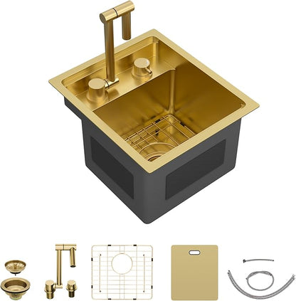 13"x15" Undermount RV Kitchen Sink Workstation – Brushed Gold NANO-PVD, 16 Gauge 304 Stainless Steel, Single Bowl Basin with Foldable Faucet for RV, Camper, Mobile Home, Wet Bar