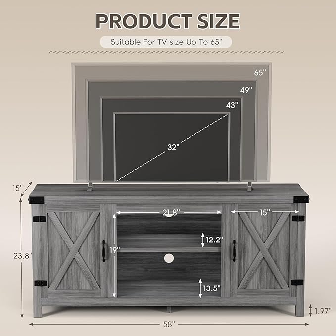 YESHOMY Modern Farmhouse TV Stand with Two Barn Doors and Storage Cabinets for Televisions up to 65+ Inch,Entertainment Center Console Table,Media Furniture for Living Room,Rustic Gray