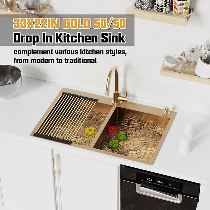 Gold 50/50 Double Bowl Kitchen Sink, 33"x 22" Stainless Steel Drop In Kitchen Sink Gold Topmount Sink With Gold-tone Accessories-Rack,Grid And Drain Assembly Add Luxurious Look For Modern Kitchen